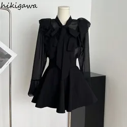 Korean Two Piece Sets Womens Outfits Roupas Femme Black Chiffon Shirt High Waist A-line Mini Skirts Suit Vintage Summer Set