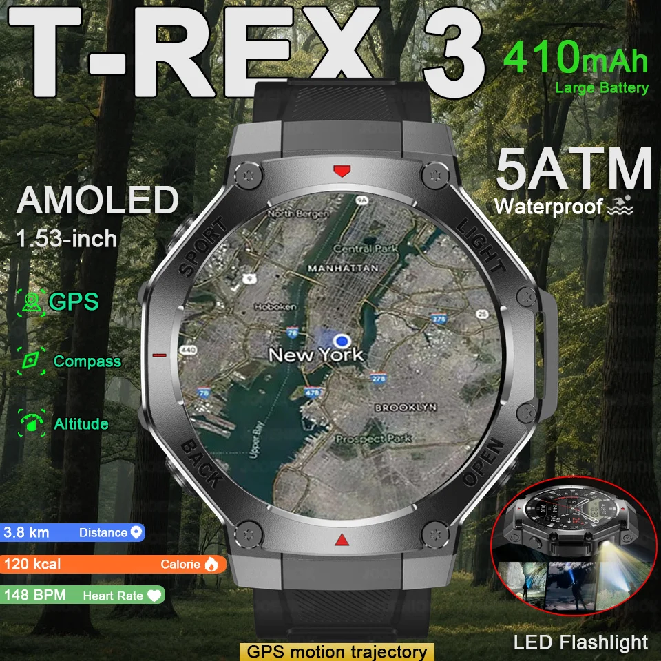 

2025 Новые уличные T-Rex 3 GPS Смарт-часы Bluetooth Фонарик с вызовом Сердечный ритм Военные спортивные 3ATM Водонепроницаемые умные часы для мужчин