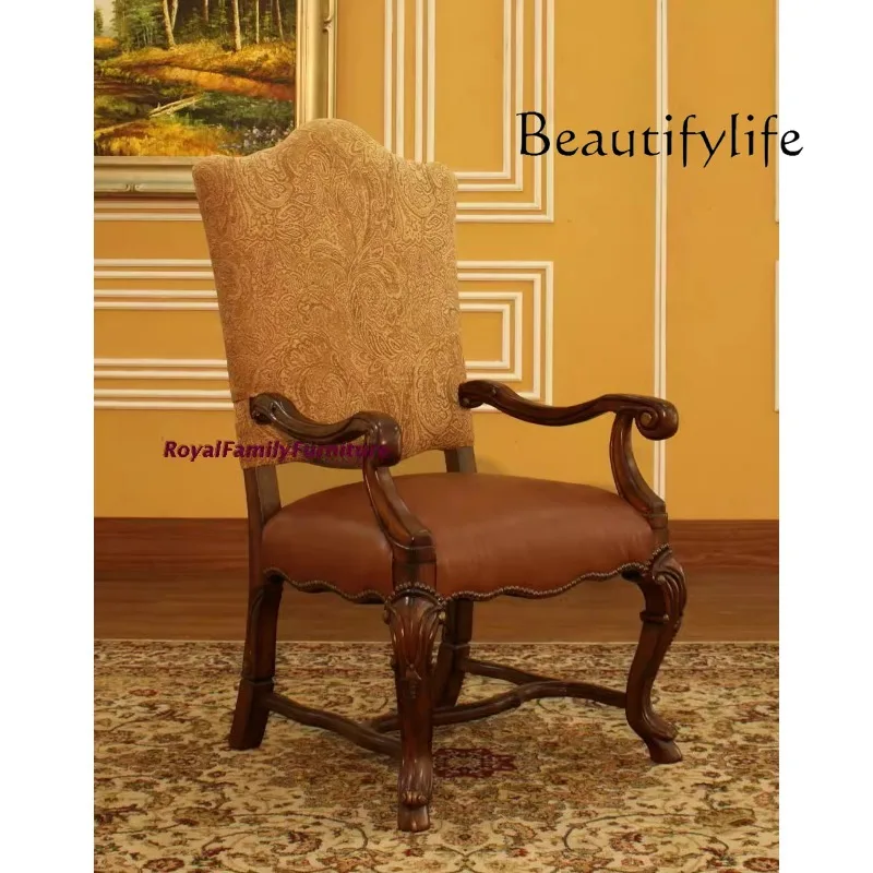 American light luxury designer solid wood leather cloth joined armrest dining chair, villa dining table and chairs