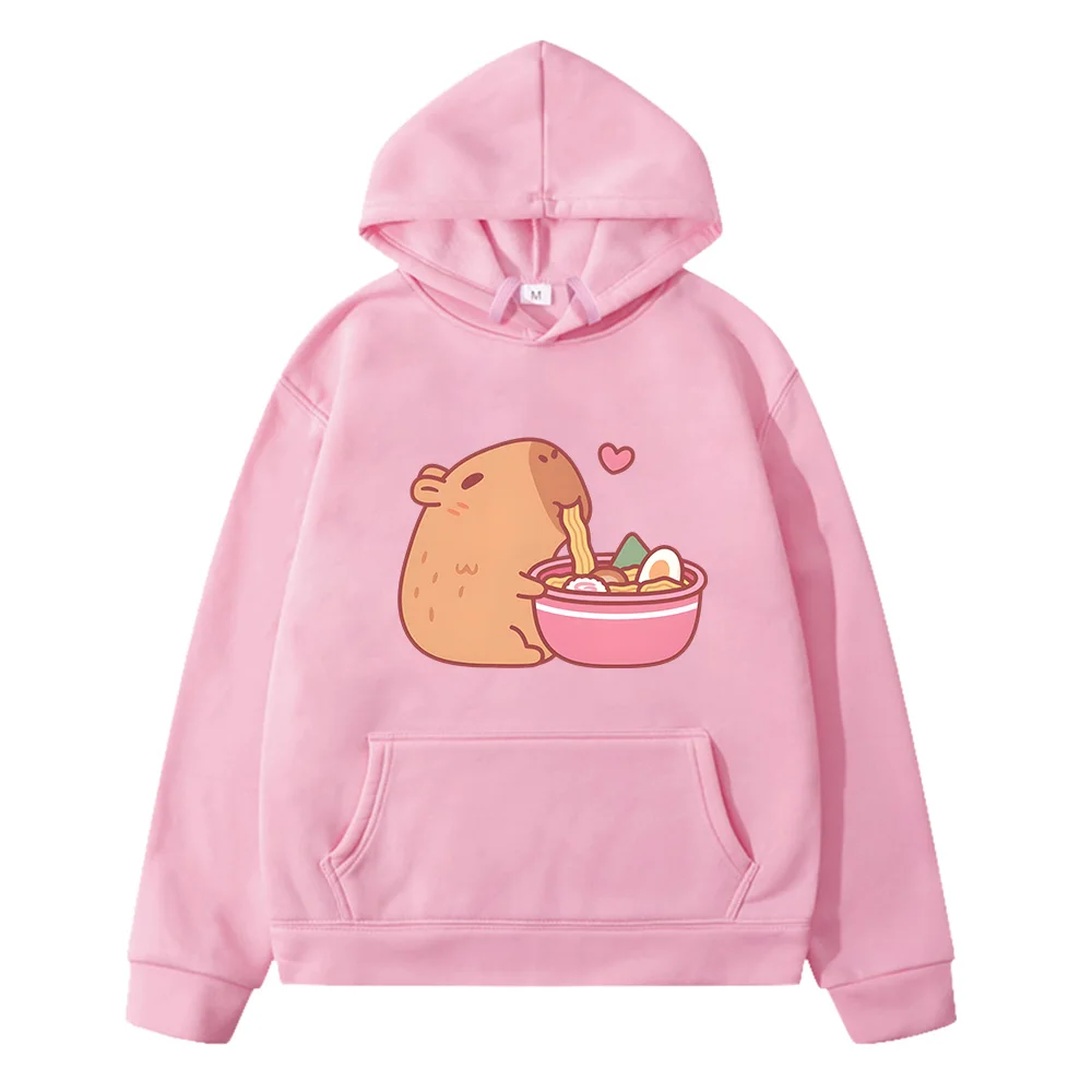 Cute Capybara Eating Ramen Hoodies Kawaii Cartoon Graphic Printing Sweatshirts Winter Hooded Pullovers Sudaderas Slight Strech