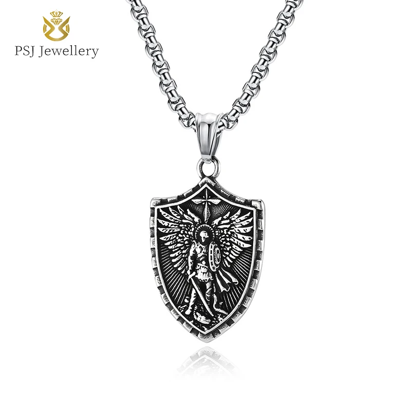 PSJ Fashion Jewelry Accessories Vintage Archangel Shield Pendant Titanium Stainless Steel Necklaces for Men