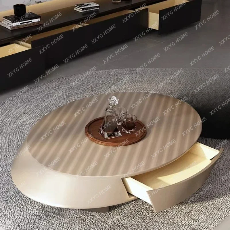 

Light luxury stainless steel elliptical round ratio solid wood coffee table household small apartment coffee tableTJ