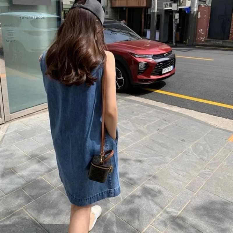 Denim Women's Dresses for 2026 Summer Loose O-Neck Simple Lady Vestidos Sleeveless Jeans Female Robe Clothing KE805 - view 6