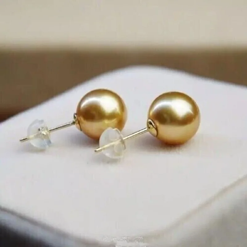 

Gorgeous AAAA++++ 9-10mm Round South Sea Golden pearl earring 18K Yellow Gold