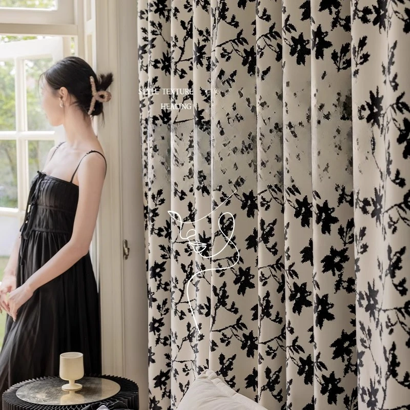 

Hepburn Premium Retro Curtains Light Luxury Bedroom Living Room Balcony Chenier Fabric Black and White Full Blackout
