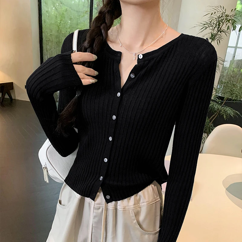 Solid Color Knitted Cardigan Women Korean Single Breasted Long Sleeve Tops Fashion Round Neck All Match Sweater