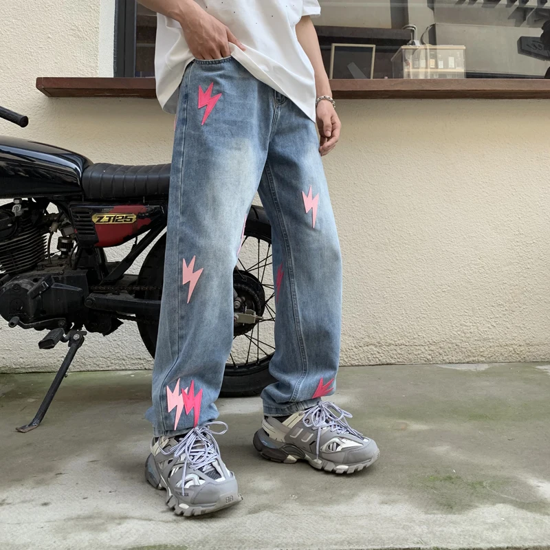 Washed American Lightning Printed Jeans Men's Loose Street plus Size Hip Hop Trend Korean StyleinsMop trousers