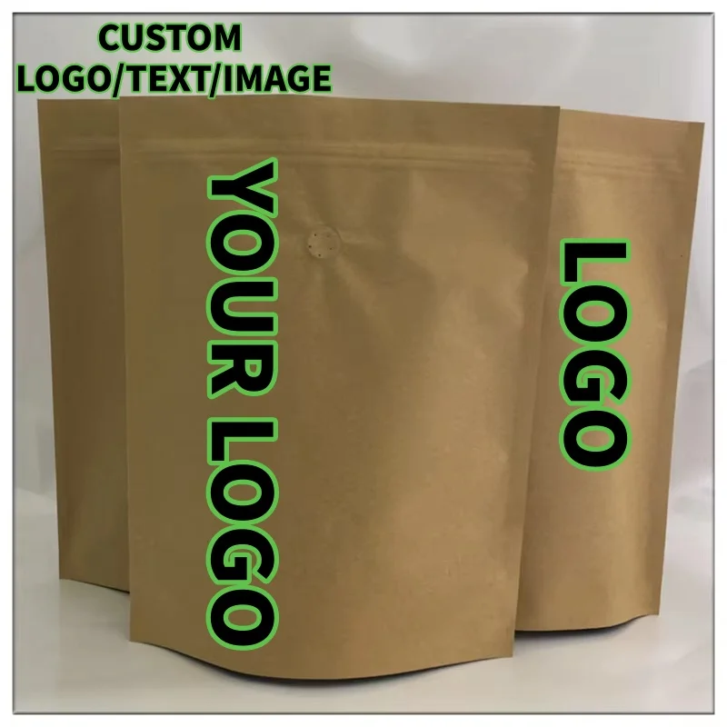

50PCS Stand up 280micro 250g Coffee Beans Kraft Paper Zipper Packaging Bag DIY One-way Valve Beaf Ziplock Storage Pouches