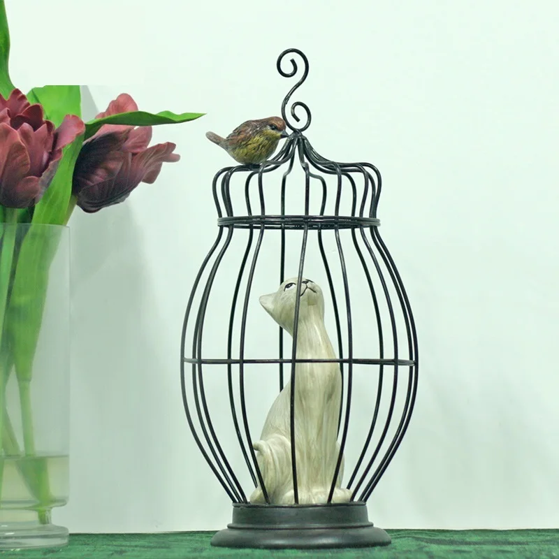 Satirizing Iron Birdcage Statue Handmade Resin Bird Sculpture Kitty Curiosity Decoration Gift and Craft Ornament Furnishing