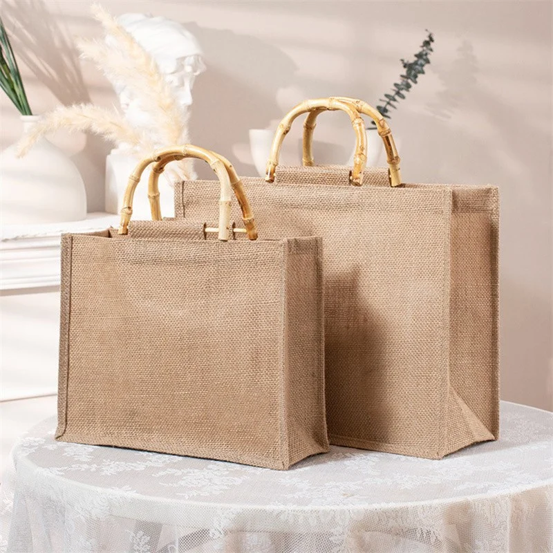 Saco de compras portátil de juta para mulheres Bamboo Loop Handles Tote, saco de lona retro, bolsa de praia, tamanho grande, DIY