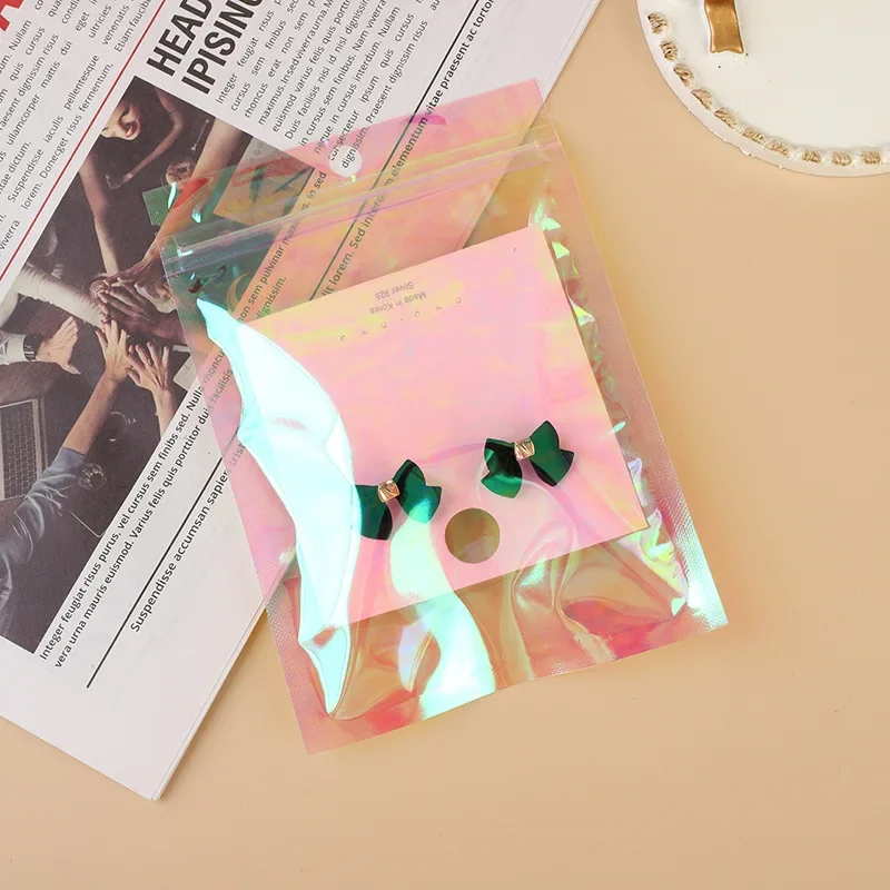 20–50 Stück Versiegelungs-Opp-Beutel, holografisch, rosa Aluminiumfolienbeutel, wiederverschließbarer Druckverschlussbeutel für Schmuck, Einzelhandel, zum Aufhängen von Display-Verpackungen – Detail 2