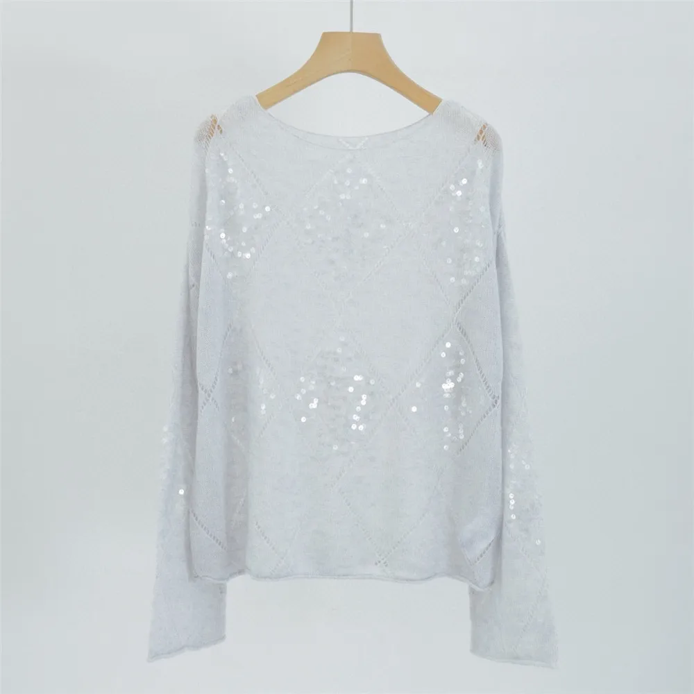 Elegant Loose Knitted Wool Sweater Shiny Sequined Hollow Long-Sleeved Pullover Top's 2024 Autumn and Winter