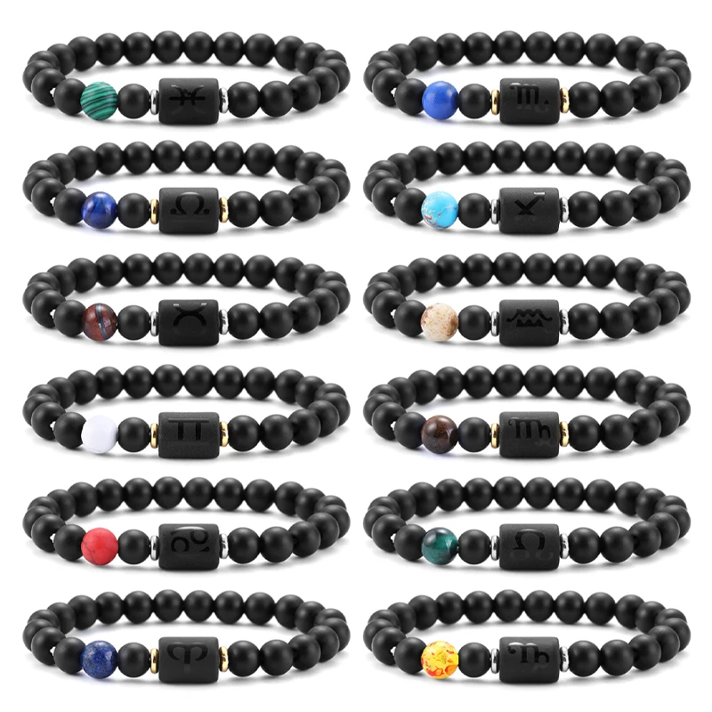 

12 Constellation Zodiac Signs Beads Couples Bracelet Natural Black Stone Elastic Charm Bracelet for Women Men Birthday Gift