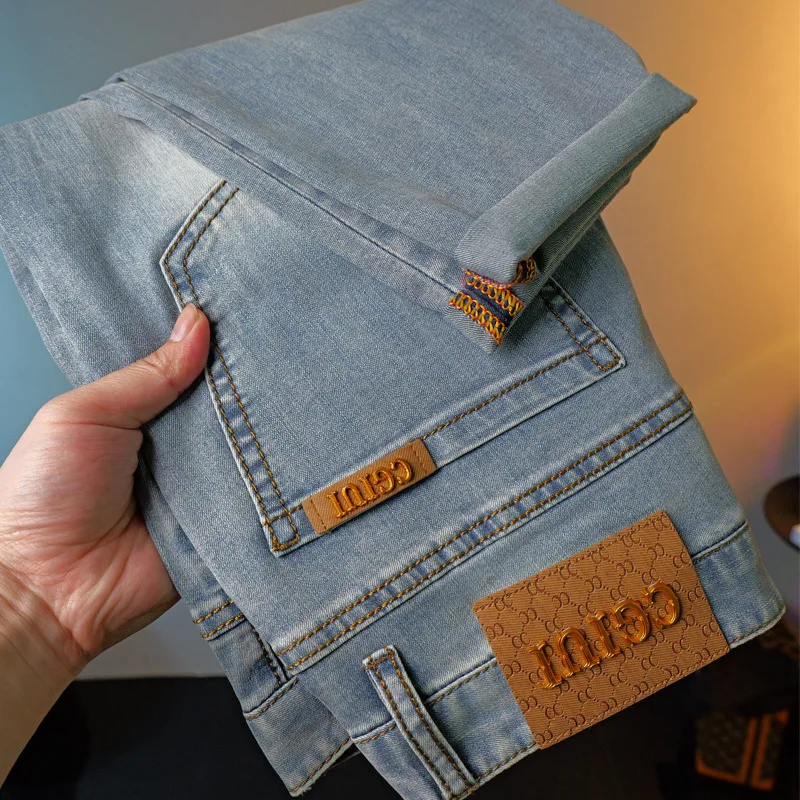 Light Blue Jeans Men's Summer Thin Light Luxury Stretch Slim Fit Versatile High-End and Fashionable Simple Casual Trousers