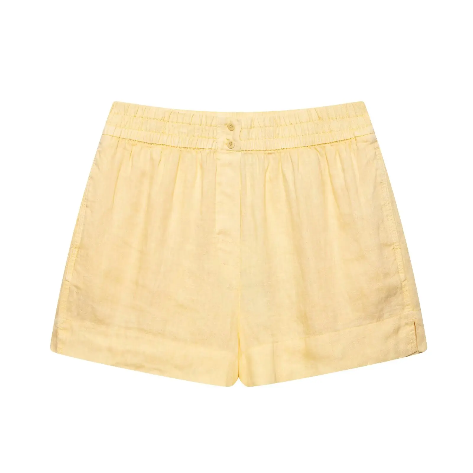 2025 Abito casual da donna della nuova estate Camicia di lino a maniche lunghe con risvolto tinta unita Top + Pantaloncini di lino in vita elastica