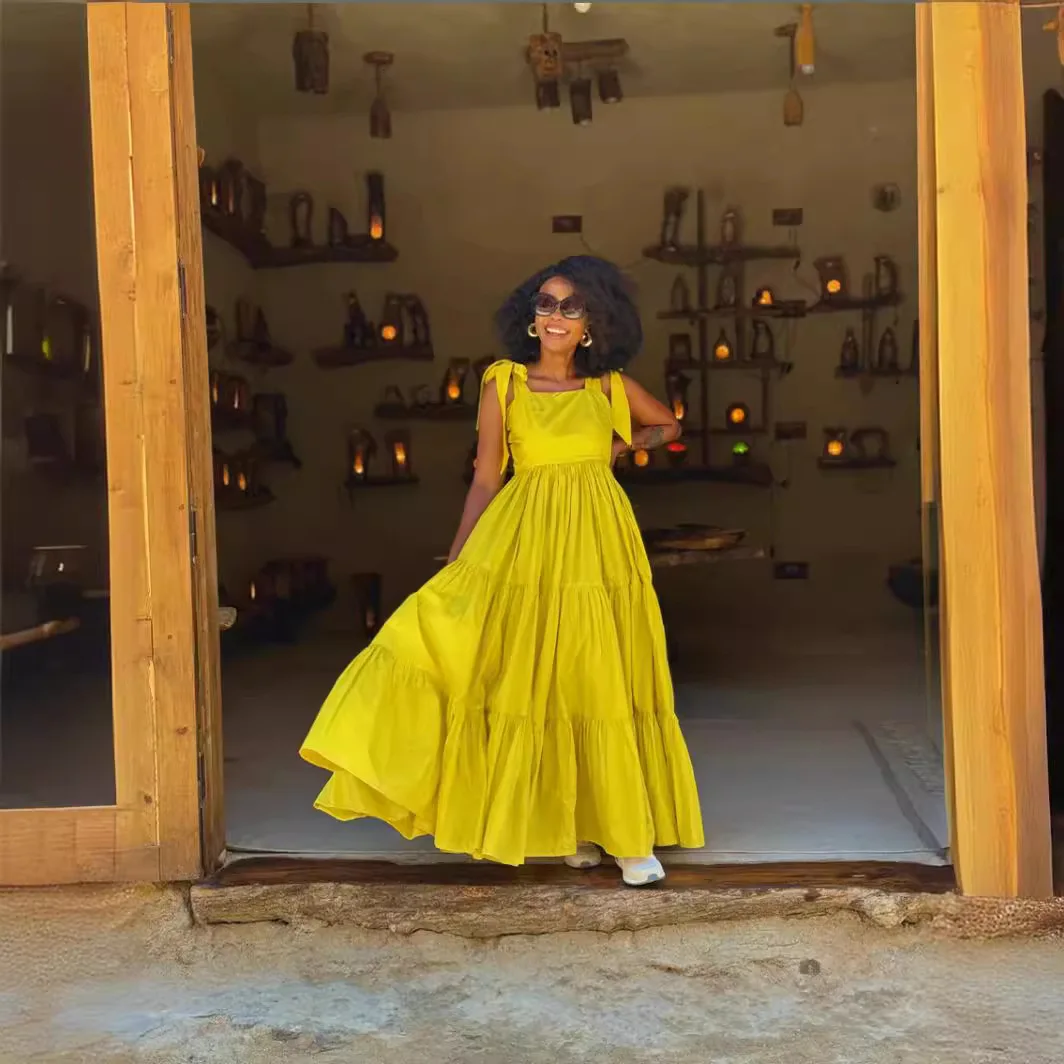 فستان نسائي صيفي جديد بحمالة فساتين طويلة على شكل حرف A برباط عالي الخصر ملابس خروج أنيقة بدون أكمام فستان ماكسي بفيونكة للحفلات