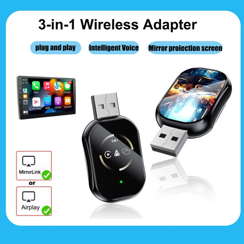 

3-в-1 Mirror Link Wireless CarPlay Dongle Беспроводной Android Auto адаптер Автомобильные интеллектуальные системы для автомобиля с проводным CarPlay