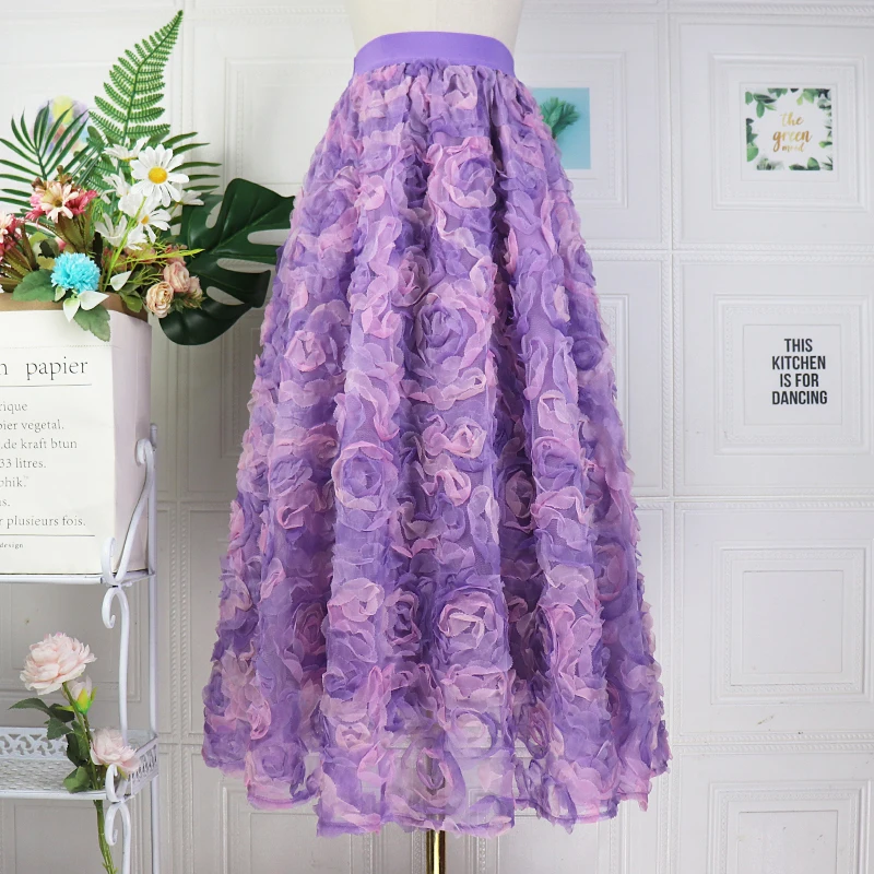 Women Vintage Purple Tulle Skirt Rose Floral Fairy Retro Mid-Length Skirt 2023 Summer New In