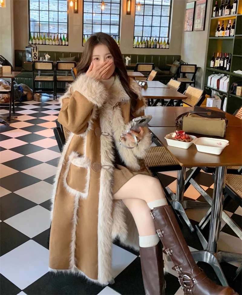 Giacca di jeans impiombata in velluto di pelle di cervo per le donne Inverno Nuovo velluto Pelliccia calda Integrata Color Blocking Capispalla Imitazione pelliccia Coa