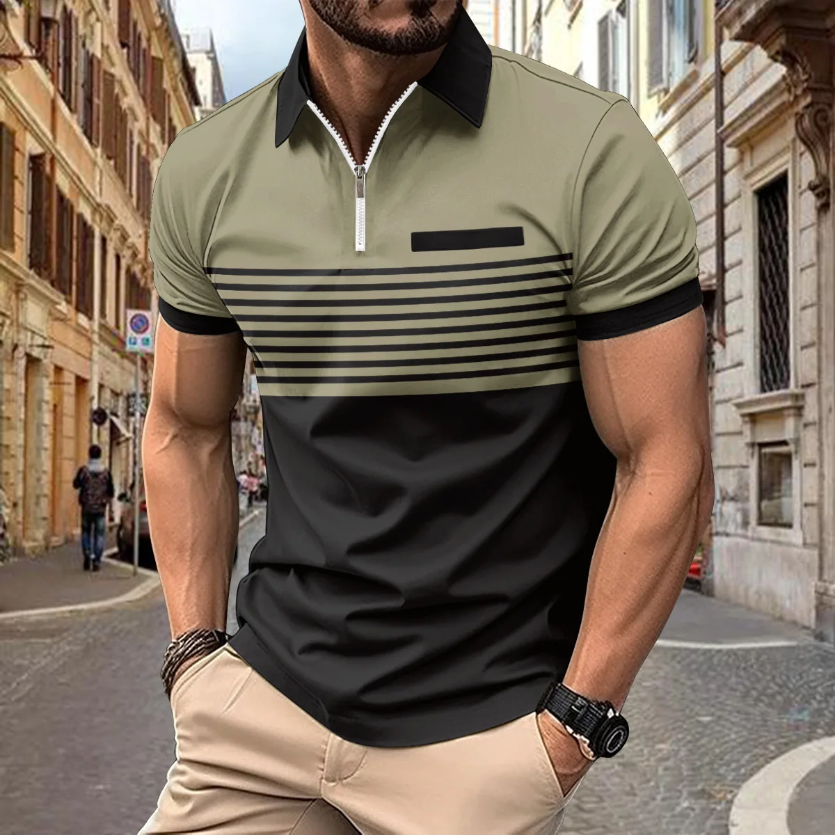 Camisa polo casual de manga curta masculina, zíper lapela, costura listra, roupas de golfe, verão