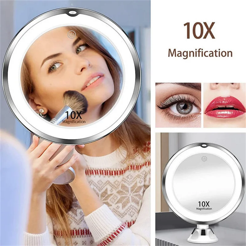 1 szt. Lusterko kosmetyczne powiększające 10x z oświetleniem LED, lusterko do makijażu z podświetleniem, lampka do makijażu, mocowanie na przyssawkę, zasilane bateryjnie