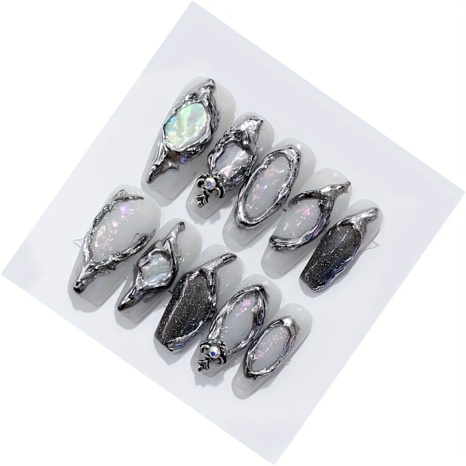 10pcs Shimmering Ice Transparent Gray Press On Nails with Magic Mirror Powder and Rhinestone Design - Glossy Long Coffin False N