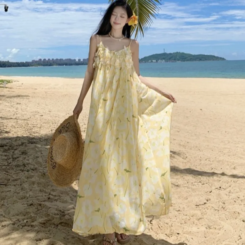 

Seaside Holiday Yellow Print Dress 2025 New Summer Sleeveless Suspender Dresses Female French Sexy Backless Beach Dress