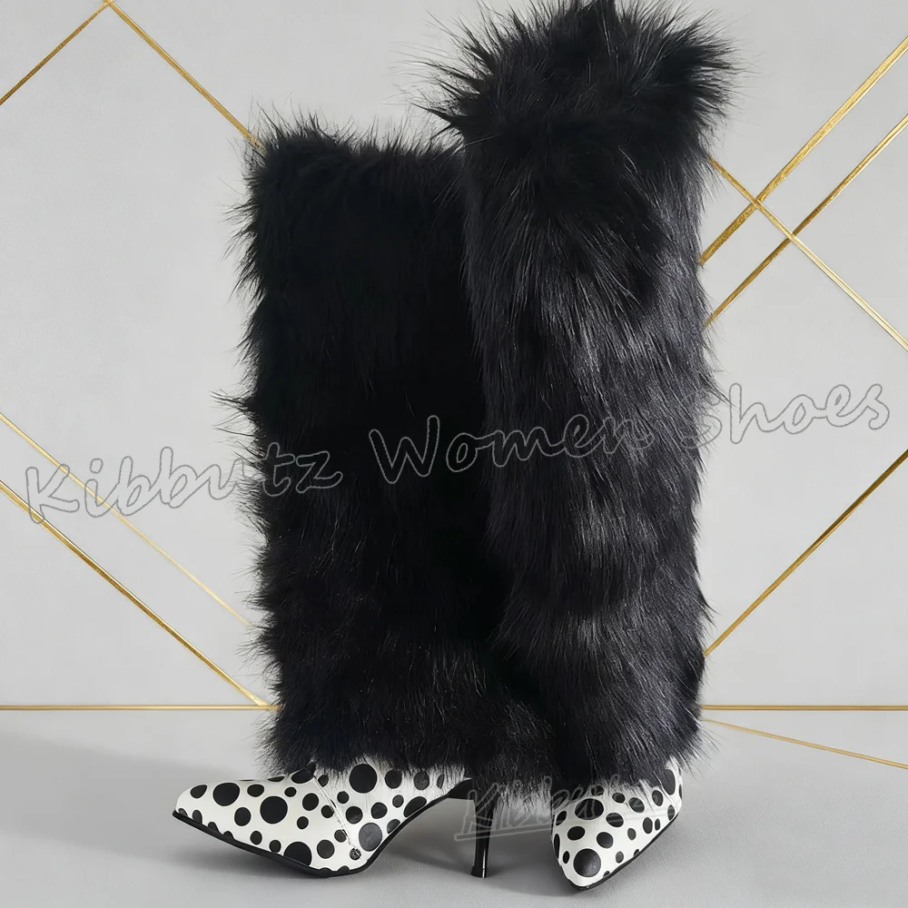 

Furry Dots Knee High Boots Leather Warm Winter Pointed Toe Thin Heels Slip-On Fashion Luxury Elegant Concise Spicy Girls Shoes