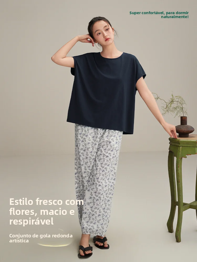 anziban-2026-summer-thin-short-sleeve-long-pants-sleepwear-women's-round-neck-fashionable-wearable-floral-home-clothes-set