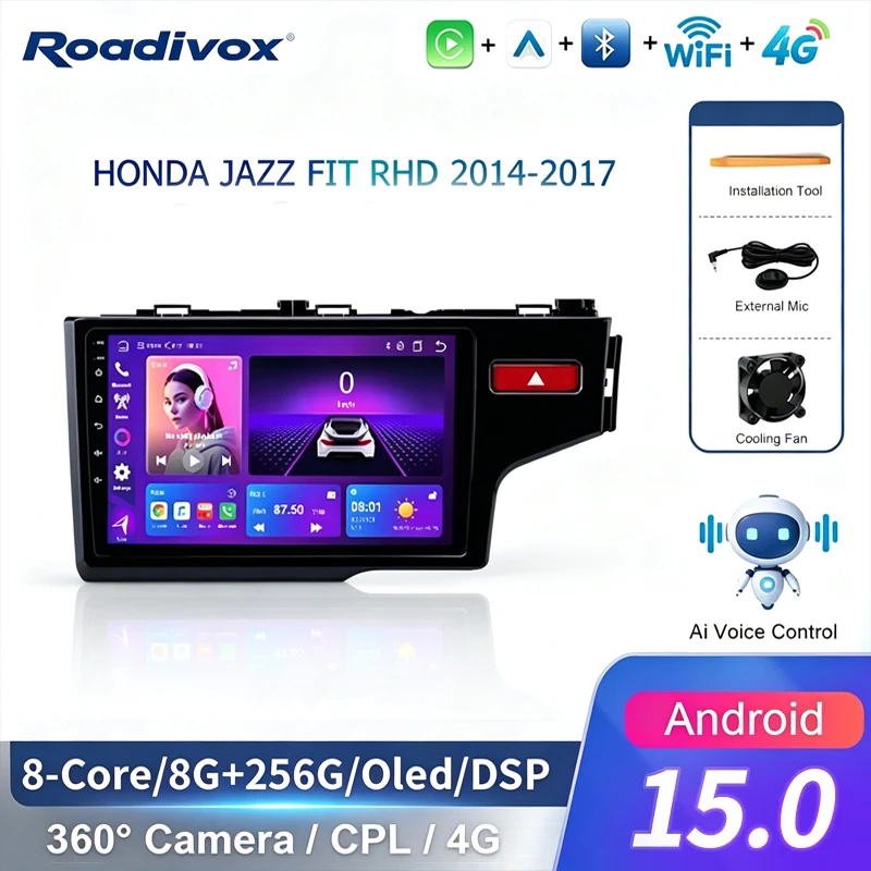Android Car Radio AI VOICE Multimedia player for HONDA JAZZ FIT RHD 2014 2017 GPS Navigation Stereo Screen Video Tape