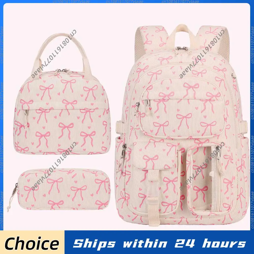 

Bow Corduroy Backpack for Women Multi-Pocket Multi-Layer Bookpack with Lunch Bag and Pencil Case Large Capacity Travel Backpack