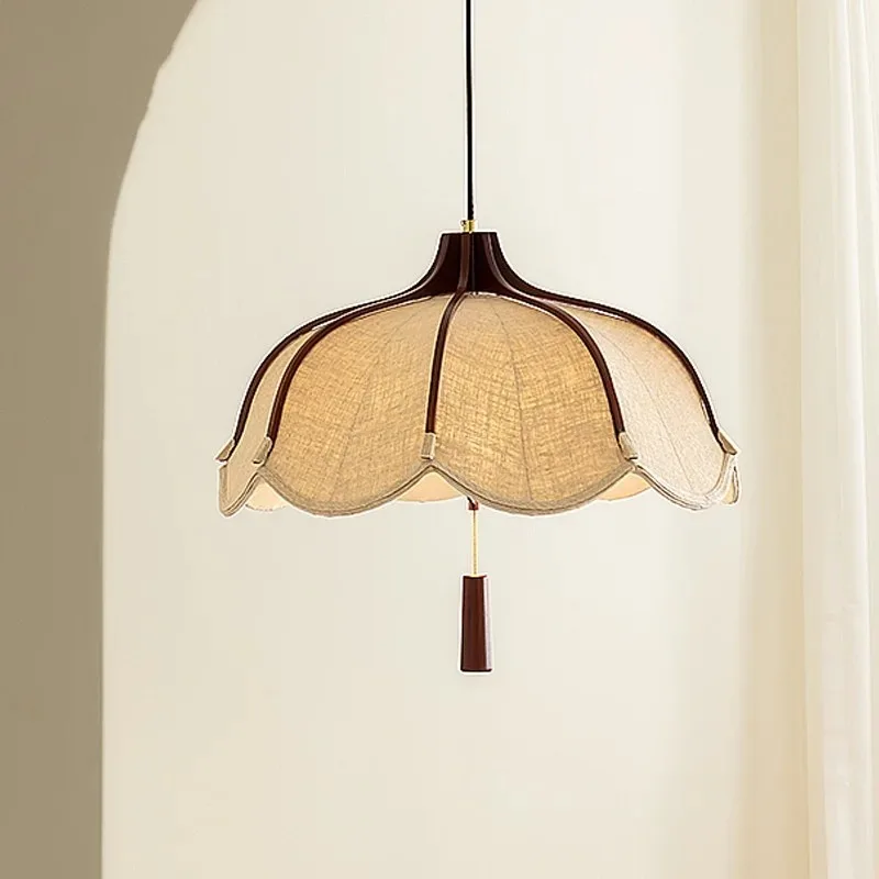 Wabi Sabi Fabric Petal Pendant Light Retro Wood Frame Linen Hanging Lamp For Dining Room Bedroom Homestay Tea Room Decor