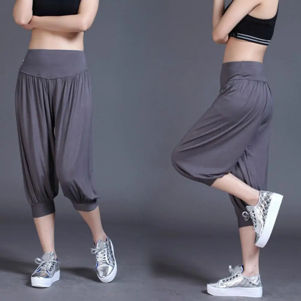 Summer Women Yoga Pants Modal Solid Color Yoga Cropped Pants Wide Elastic Waistband Dance Performance Wide Leg Pants Bloomers