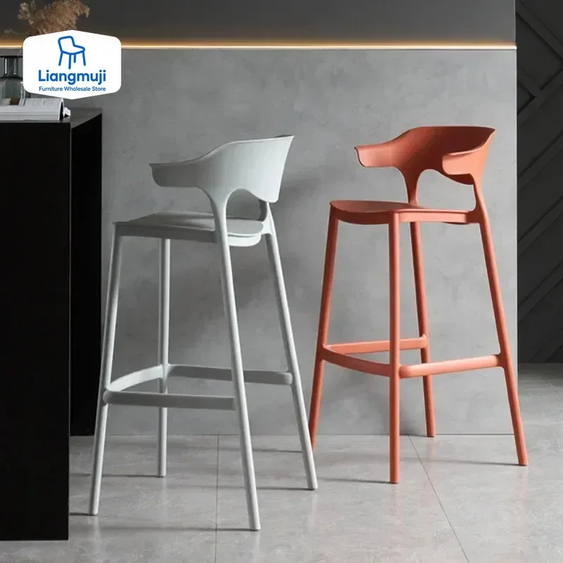 

Nordic Simple Bar Stools Modern Minimalist Plastic Chairs for Bar Kitchen Stackable High Stool with Backrest Space-Saving Design
