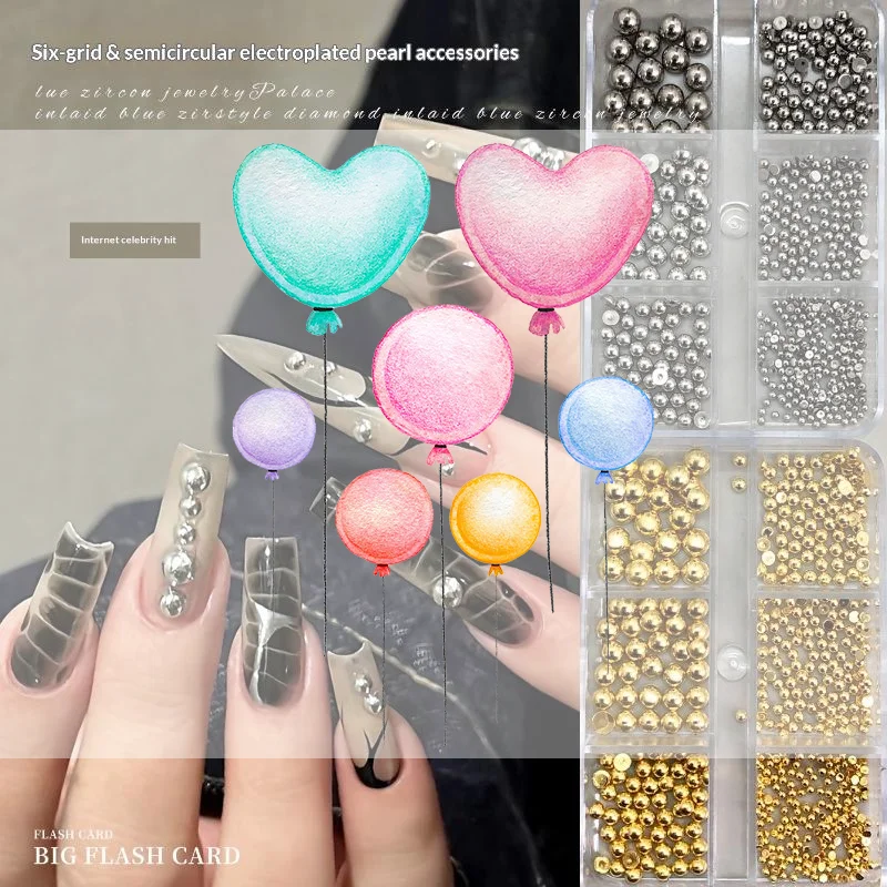 6 Grids Mixed Semi-circular Pearl Nail Charms Gold And Silver Manicure Accessories DIY Nail Salon Manicure Decoration