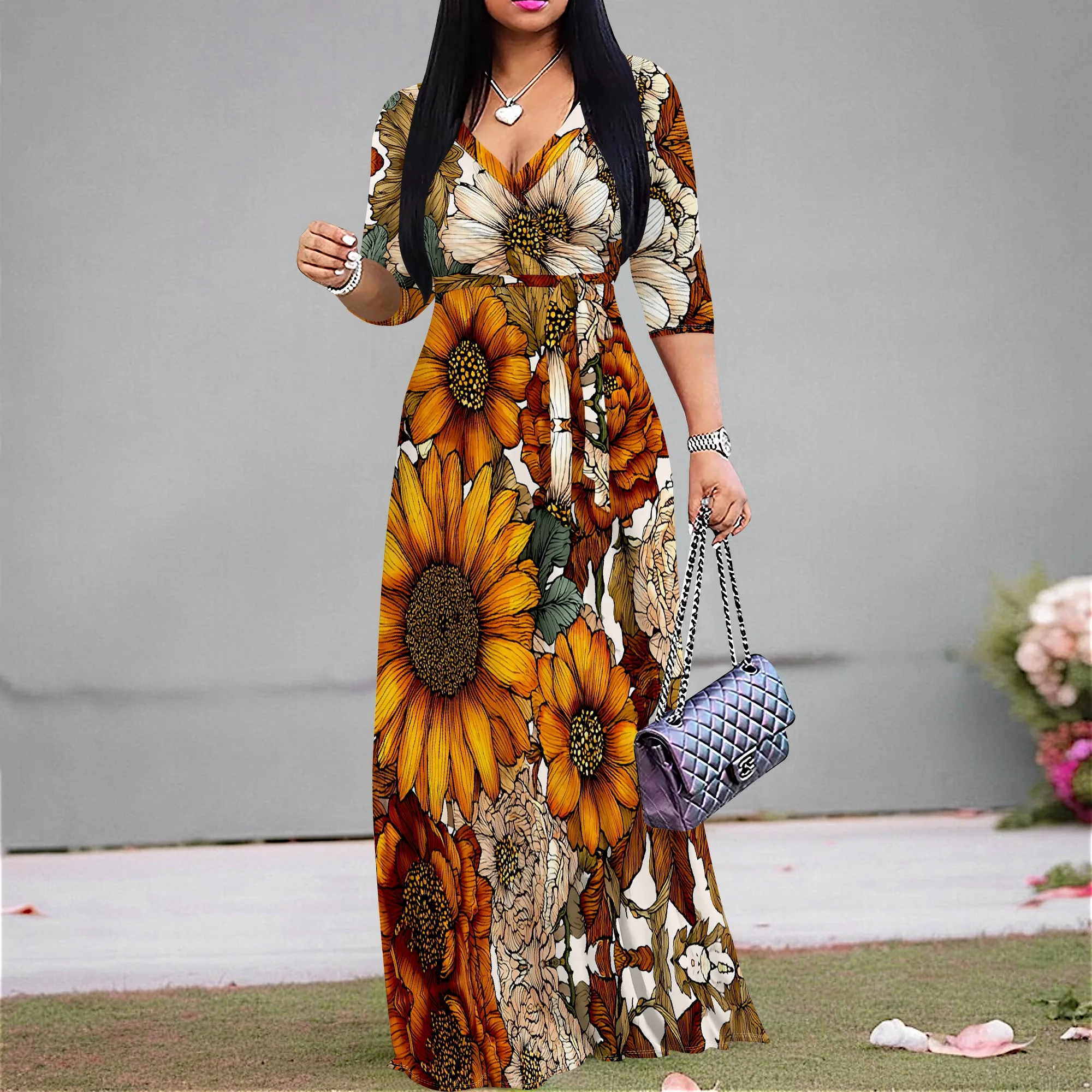 

Women's Boho Sunflower Maxi Dress 2025 New Arrival V Neck Floral Long Dress Summer Beach Party Outfit S-3XL