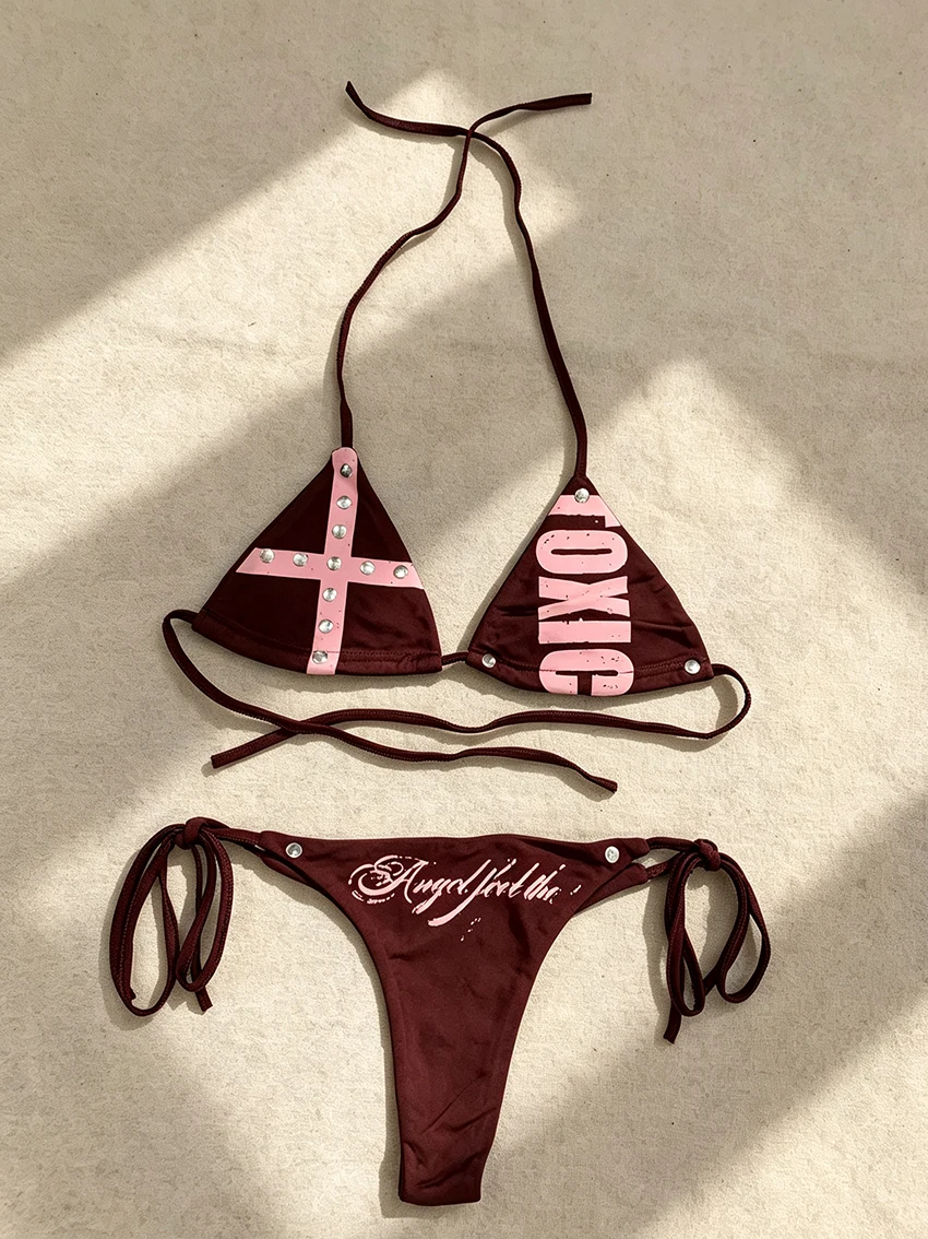Y2K Women Halter Bikini Set Gothic Cross Rivet Letter Print Triangle Top Side Tie Bottom Two‑Piece Swimsuit Beach Bathing Suits