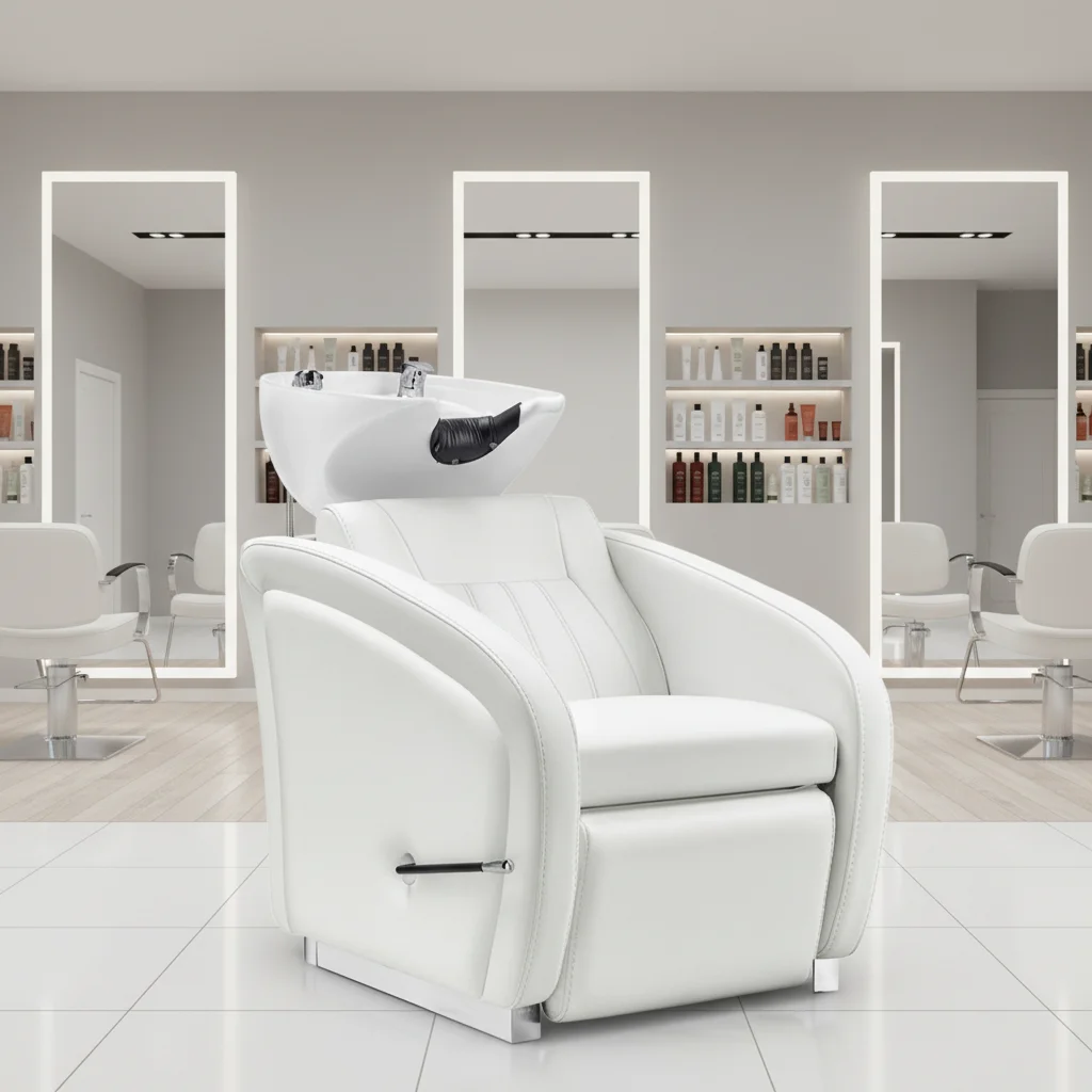 Modern Semi Reclining Stainless Steel Adjustable Hair Wash Chair With High Density Sponge Wooden Base Ceramic Basin Black
