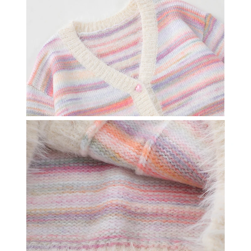 Sweet Lazy Wind Rainbow Cardigan Women Autumn V Neck Striped Knitted Coat Fashion Loose Long Sleeve Elegant Lady Sweaters