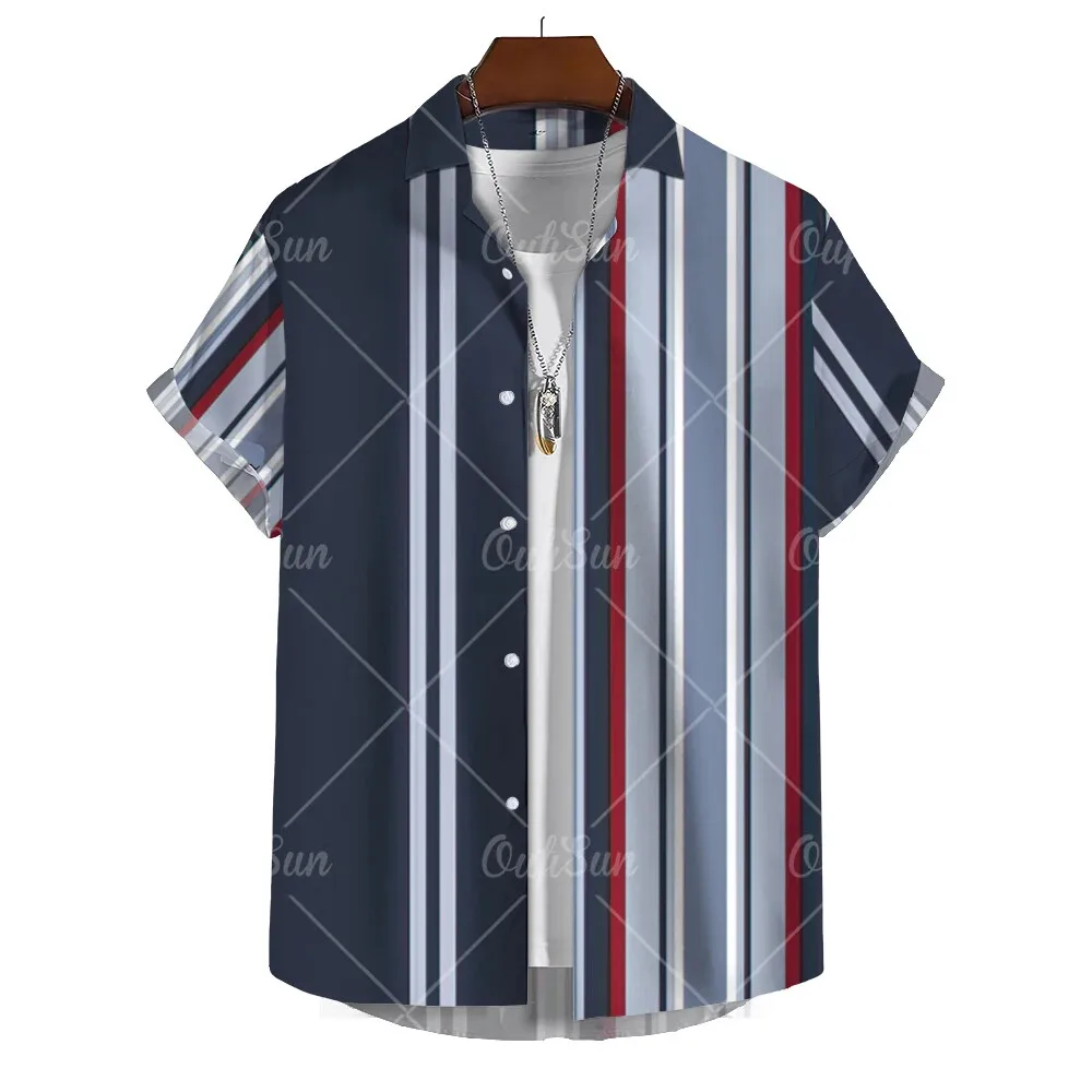 Summer Fashion Stripe Print Men\'s Casual Short Sleeve Shirt Daily Casual Business Wear Tops Oversized T-Shirt Size S-5XL