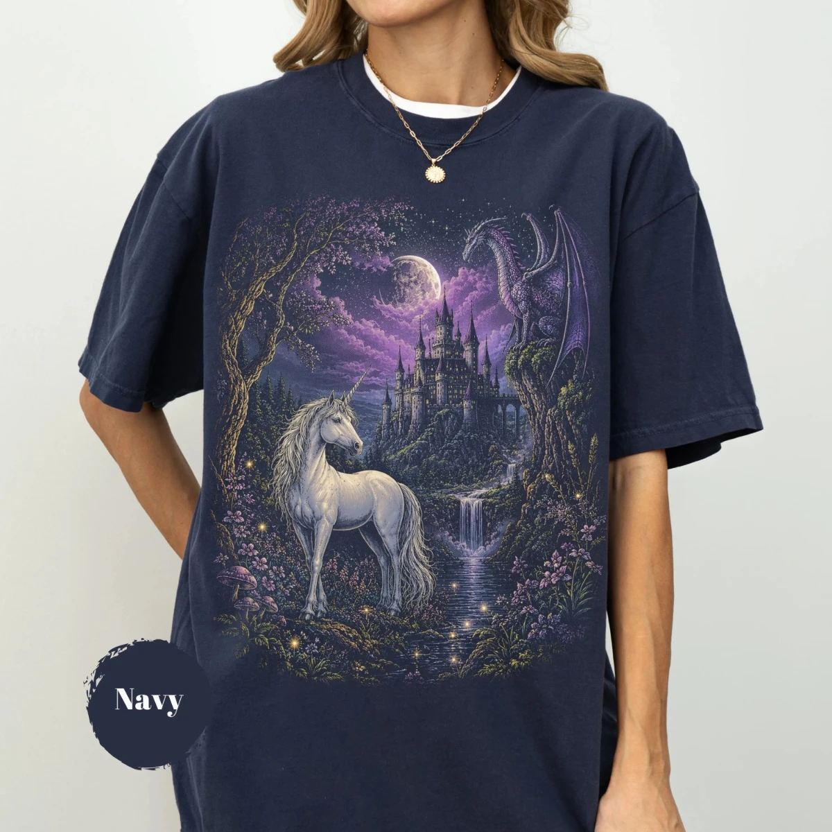 90er-Jahre-Fantasy-Einhorn-Shirt, Magisches Pegasus-Muster T-Shirt, Mittelalterliches Schloss-Drachen-Kostüm, Geschenk im Märchenland-Landhausstil – Detail 3
