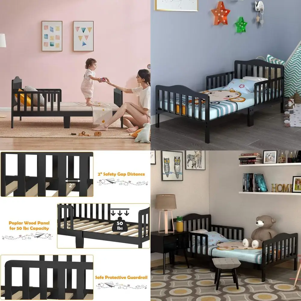 

Classic Wooden Toddler Bed with Double Safety Rail, Low to Floor, Wooden Slat Support, Full Size Crib Mattress, Bedroom Furnitur