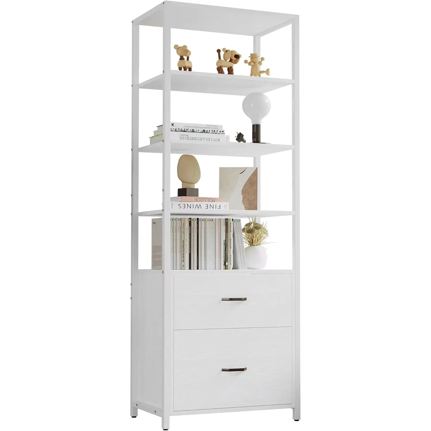 Industrial Bookcase with File Cabinet Drawers, 71.6 in Tall Bookshelf 5 Tier, Freestanding Storage Home Cabinet Organizer, White