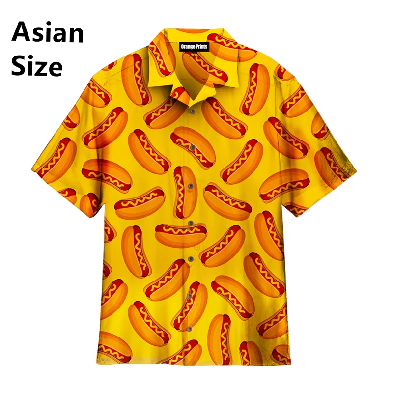 New Summer Man Shirts High Quality Clothing Tasty Food Hot Dog Burger Print Hawaiian Shirt Men Plus Size Elegant Blouses Tops