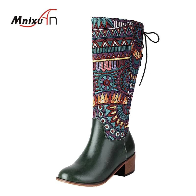 Ethnic Style Printed Fabric Knee High Boots Women Round Toe Patchwork Mix Color Side Zipper Block Middle Heels Casual Long Shoes