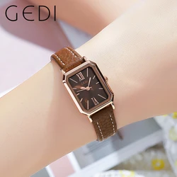 Fashion Gedi Top Brand Waterproof Rectangle Small Women Watches Vintage Coffee Leather Strap Casual Quartz Ladies Wrist Watches