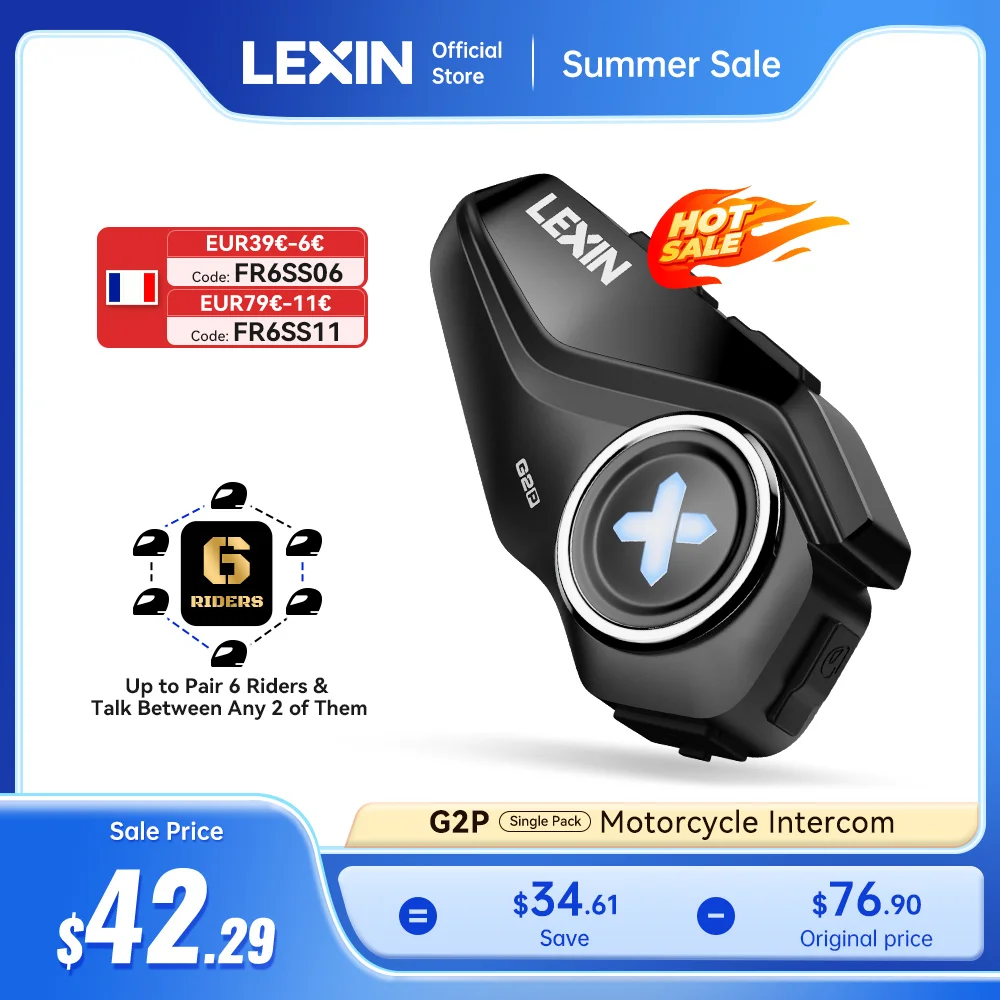 Lexin G2P casque d'interphone moto casques Bluetooth, communicateur mains libres jusqu'à 6 coureurs Interphone avec Radio FM