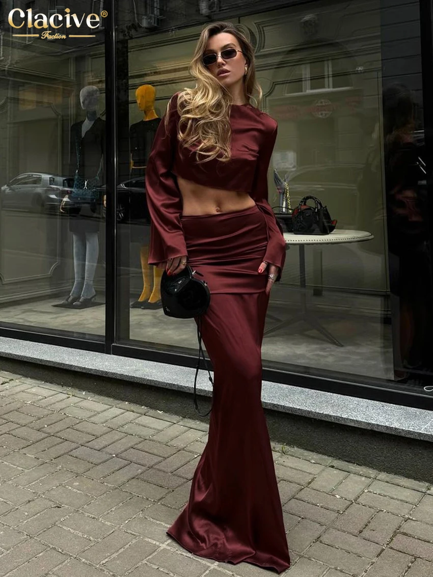 Clacive Fashion Loose Wine Red Satin 2 Piece Set Women Outfit Elegant Long Sleeve Crop Top With Mid Waist Long Skirts Set Female