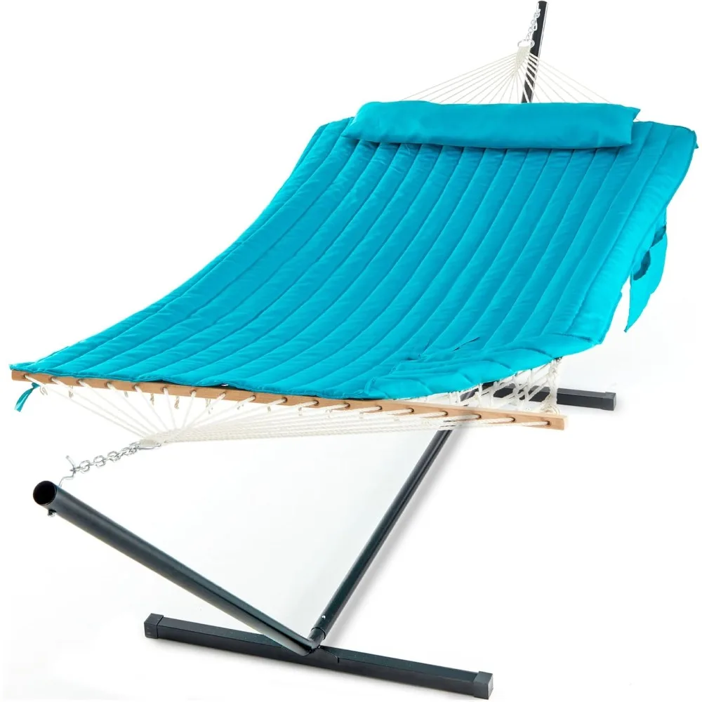 Double Hammock with Polyester Pad 2 Person, Heavy Duty Stand, Extra Pillow, Storage Sidebag, Max 475 Lbs Capacity, Rope Hammock