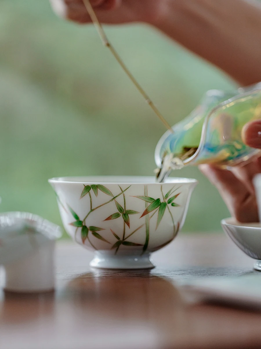 

Exquisite Hand-Painted Bamboo Tureen Jingdezhen High-End Non-Scald Tea Brewing Bowl Kung Fu Set Egg-Shell Porcelain Ceremony